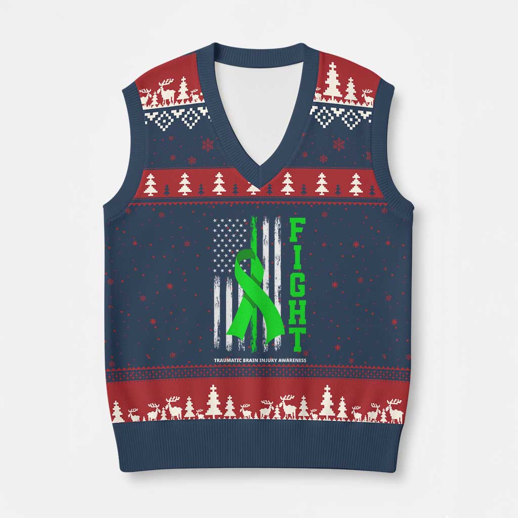 Traumatic Brain Injury Awareness V-Neck Knit Sweater Vest Fight TBI American US Flag TS02 Navy Red Print Your Wear