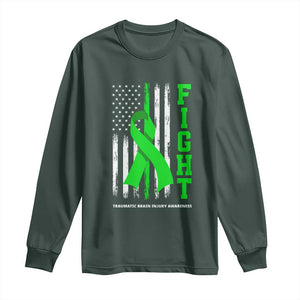 Traumatic Brain Injury Awareness Long Sleeve Shirt Fight TBI American US Flag TS02 Dark Forest Green Print Your Wear
