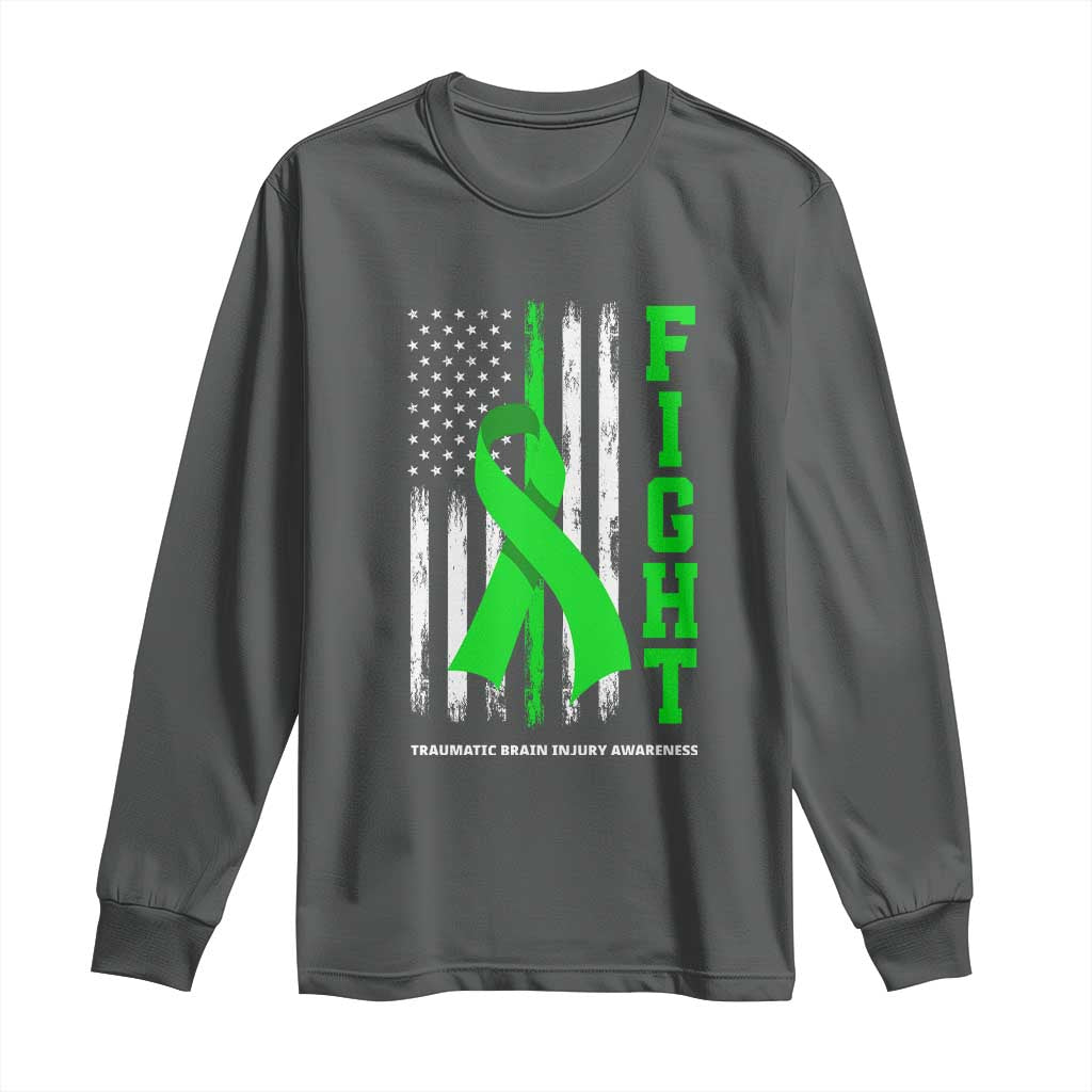 Traumatic Brain Injury Awareness Long Sleeve Shirt Fight TBI American US Flag TS02 Dark Heather Print Your Wear