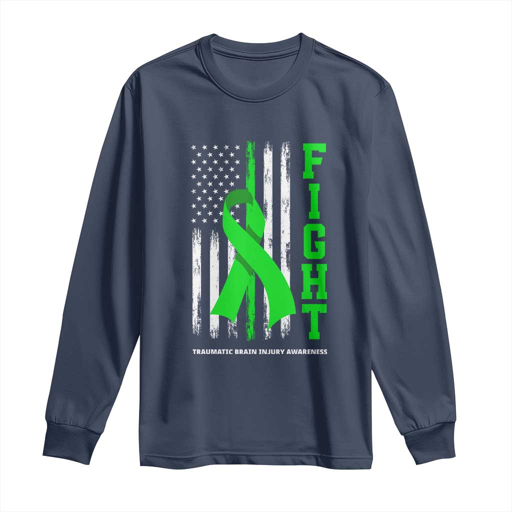Traumatic Brain Injury Awareness Long Sleeve Shirt Fight TBI American US Flag TS02 Navy Print Your Wear