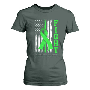 Traumatic Brain Injury Awareness T Shirt For Women Fight TBI American US Flag TS02 Dark Forest Green Print Your Wear