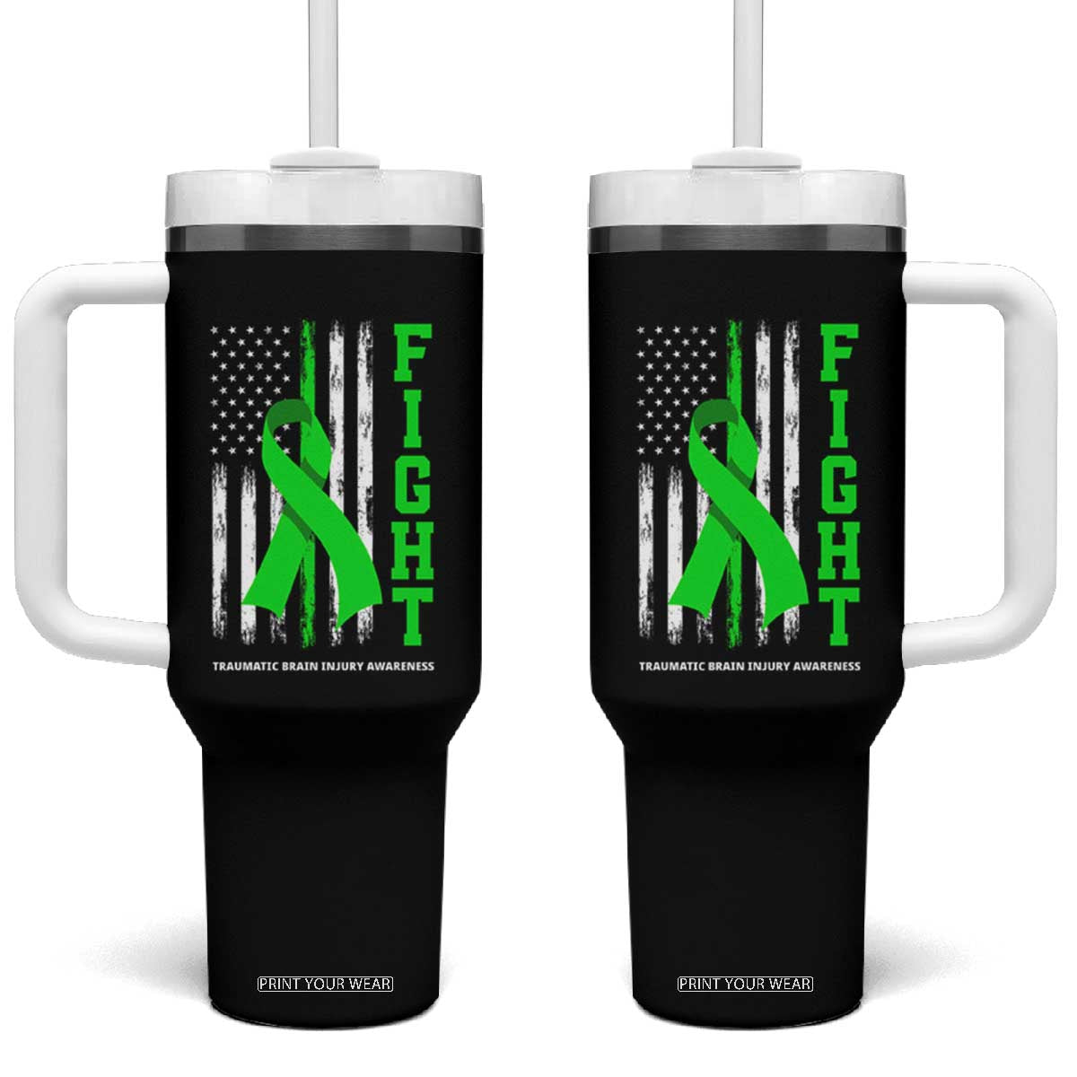 Traumatic Brain Injury Awareness Tumbler With Handle Fight TBI American US Flag TS02 One Size: 40 oz Black Print Your Wear