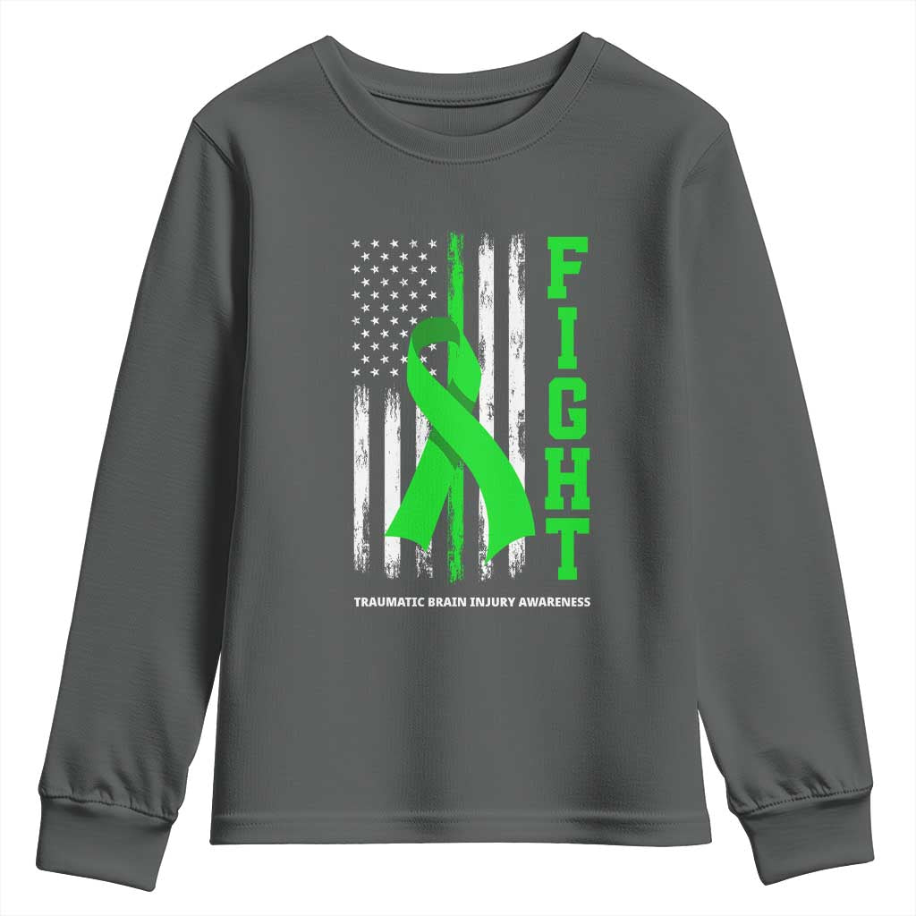 Traumatic Brain Injury Awareness Youth Sweatshirt Fight TBI American US Flag TS02 Dark Heather Print Your Wear