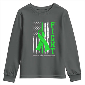 Traumatic Brain Injury Awareness Youth Sweatshirt Fight TBI American US Flag TS02 Dark Heather Print Your Wear