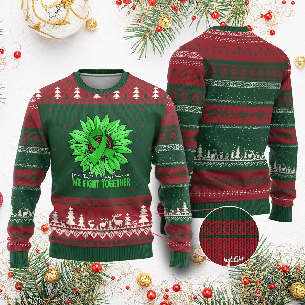 Traumatic Brain Injury Awareness Ugly Christmas Sweater TBI We Fight Together Green Sunflower TS02 Red Green Print Your Wear