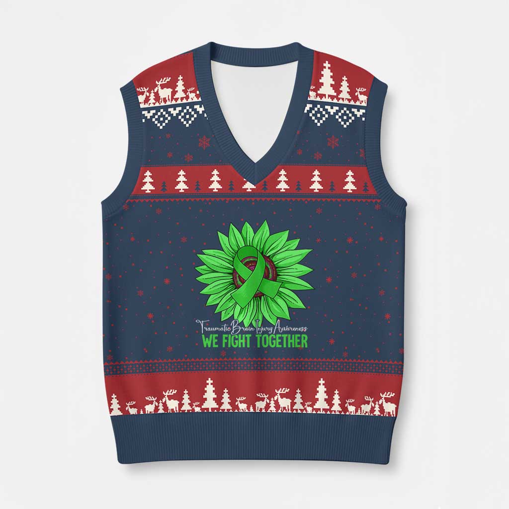 Traumatic Brain Injury Awareness V-Neck Knit Sweater Vest TBI We Fight Together Green Sunflower TS02 Navy Red Print Your Wear