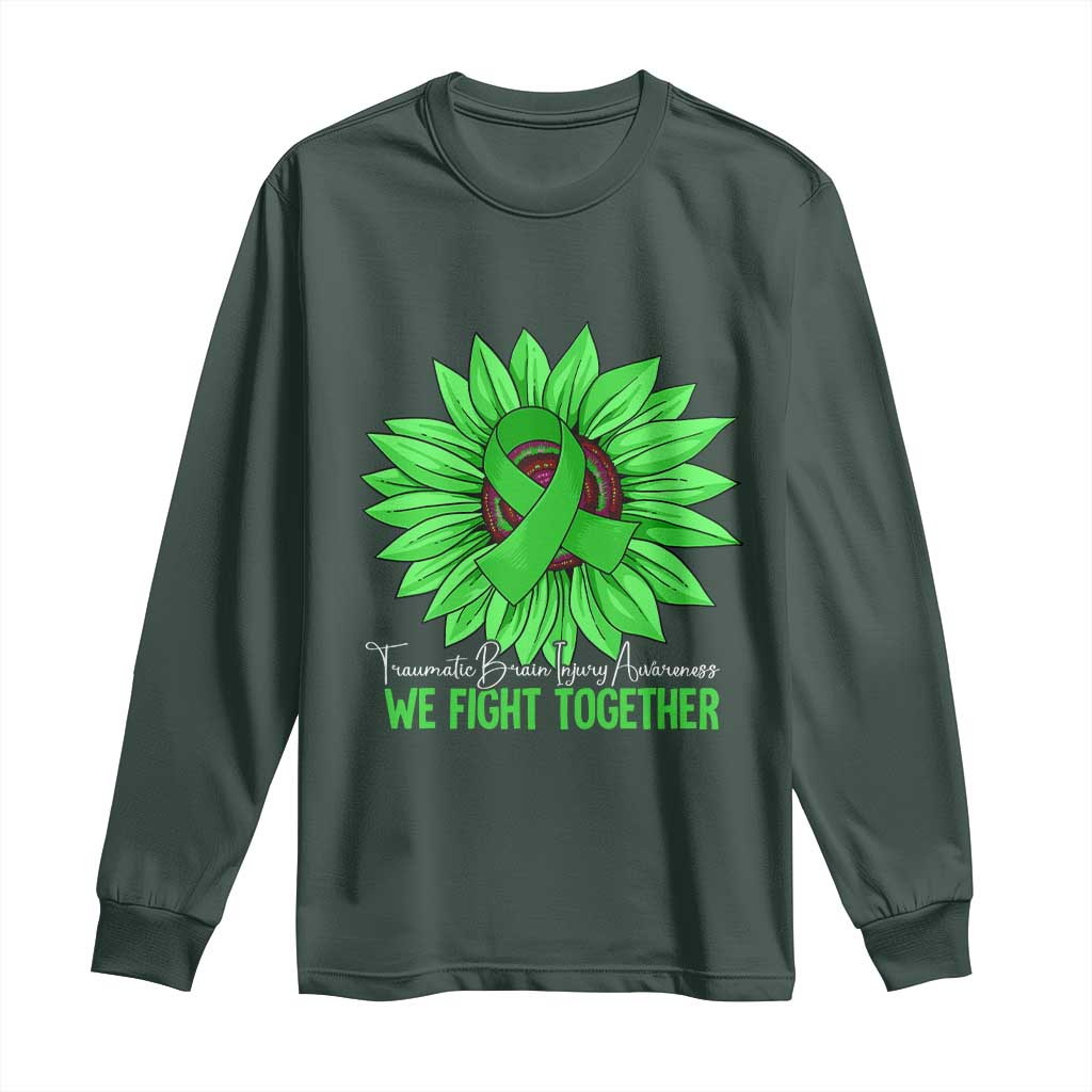 Traumatic Brain Injury Awareness Long Sleeve Shirt TBI We Fight Together Green Sunflower TS02 Dark Forest Green Print Your Wear