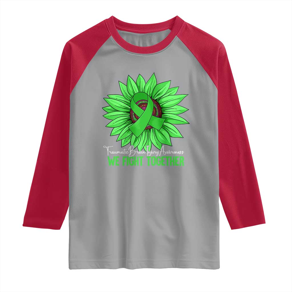 Traumatic Brain Injury Awareness Raglan Shirt TBI We Fight Together Green Sunflower TS02 Sport Gray Red Print Your Wear