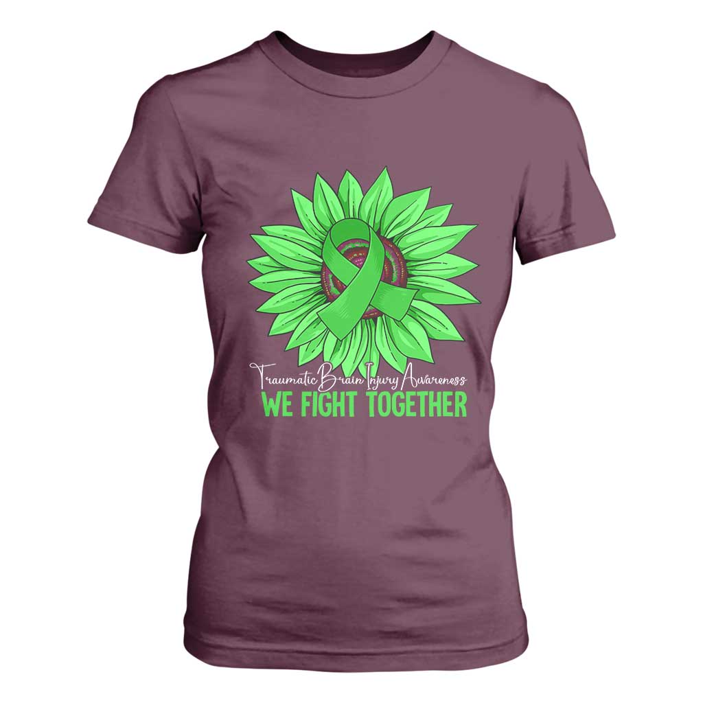 Traumatic Brain Injury Awareness T Shirt For Women TBI We Fight Together Green Sunflower TS02 Maroon Print Your Wear