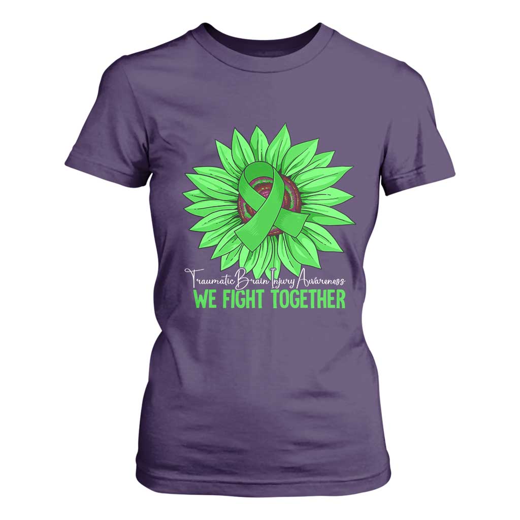 Traumatic Brain Injury Awareness T Shirt For Women TBI We Fight Together Green Sunflower TS02 Purple Print Your Wear