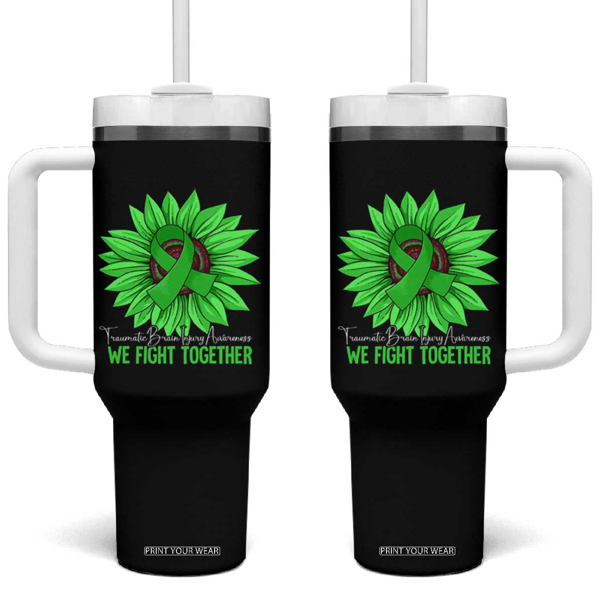 Traumatic Brain Injury Awareness Tumbler With Handle TBI We Fight Together Green Sunflower TS02 One Size: 40 oz Black Print Your Wear
