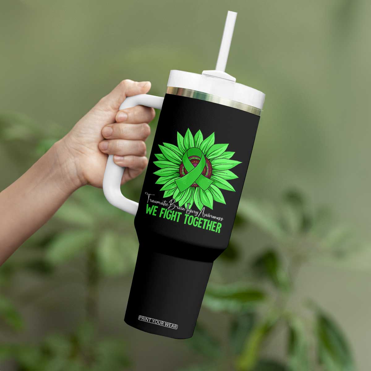 Traumatic Brain Injury Awareness Tumbler With Handle TBI We Fight Together Green Sunflower TS02 Print Your Wear