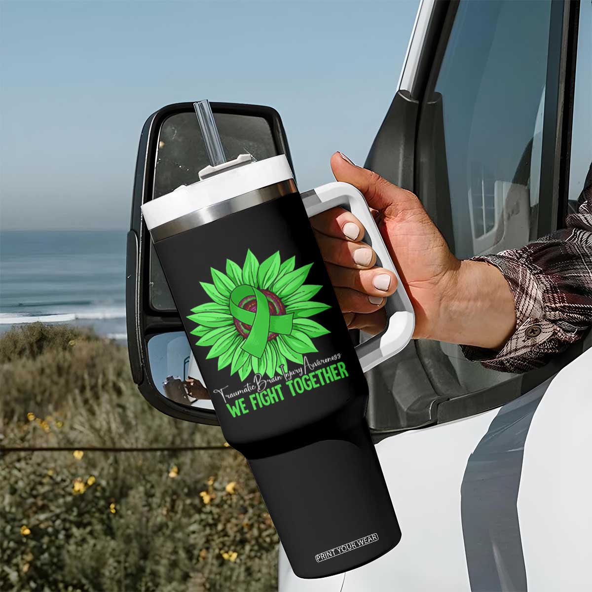 Traumatic Brain Injury Awareness Tumbler With Handle TBI We Fight Together Green Sunflower TS02 Print Your Wear