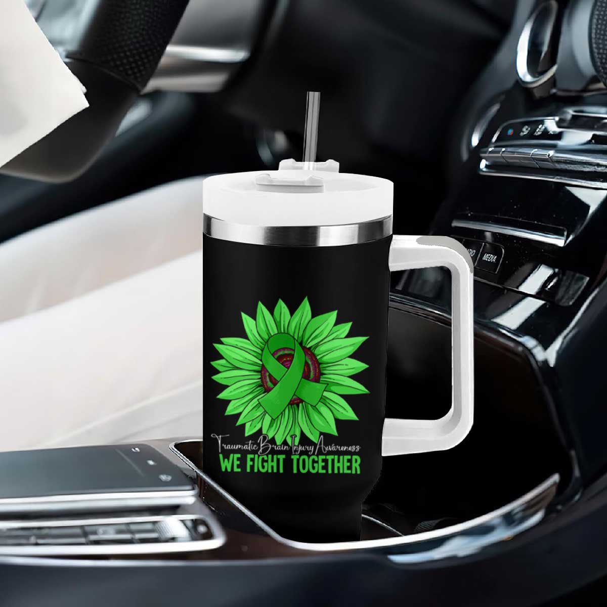 Traumatic Brain Injury Awareness Tumbler With Handle TBI We Fight Together Green Sunflower TS02 Print Your Wear
