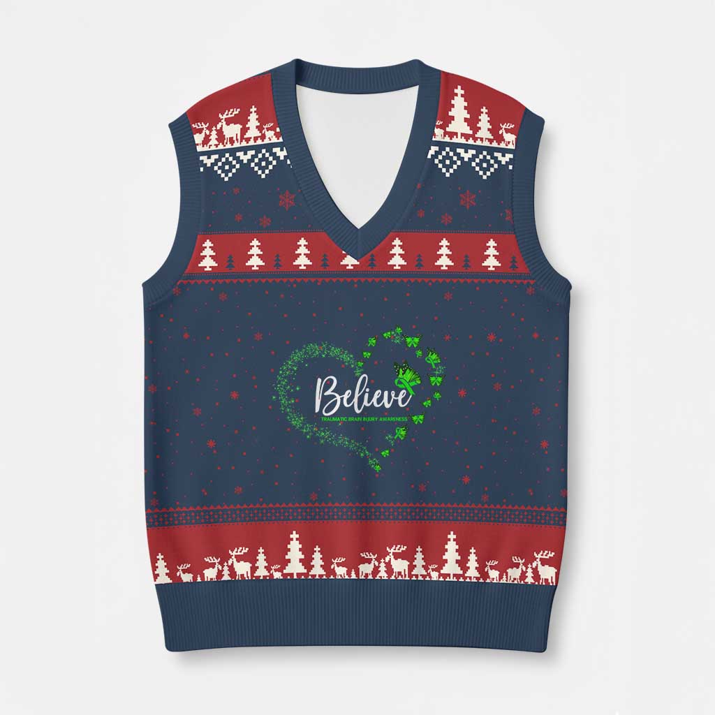Traumatic Brain Injury Awareness V-Neck Knit Sweater Vest TBI Believe Butterflies TS02 Navy Red Print Your Wear