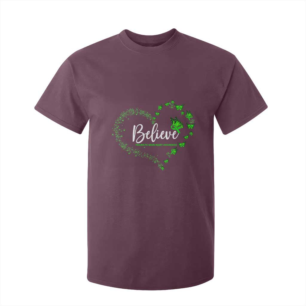 Traumatic Brain Injury Awareness T Shirt For Kid TBI Believe Butterflies TS02 Maroon Print Your Wear