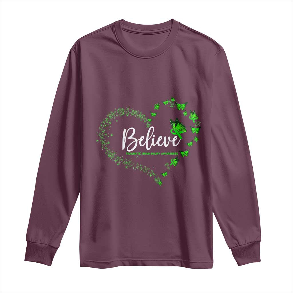 Traumatic Brain Injury Awareness Long Sleeve Shirt TBI Believe Butterflies TS02 Maroon Print Your Wear