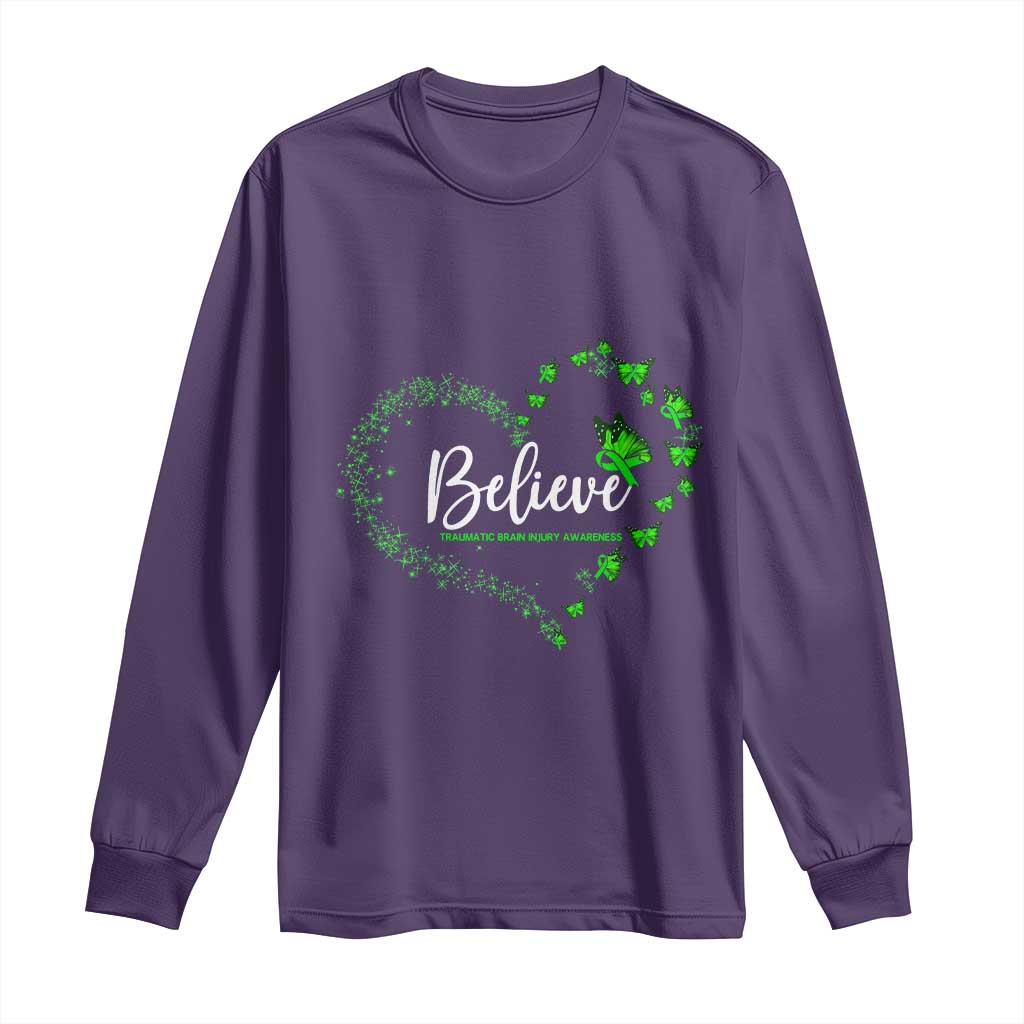 Traumatic Brain Injury Awareness Long Sleeve Shirt TBI Believe Butterflies TS02 Purple Print Your Wear