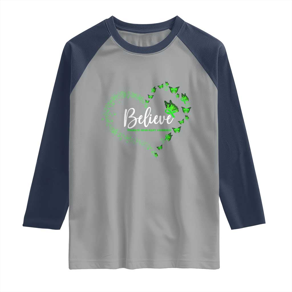 Traumatic Brain Injury Awareness Raglan Shirt TBI Believe Butterflies TS02 Sport Gray Navy Print Your Wear