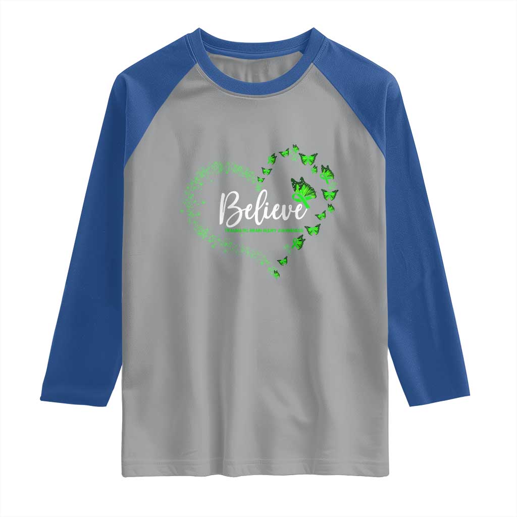 Traumatic Brain Injury Awareness Raglan Shirt TBI Believe Butterflies TS02 Sport Gray Royal Print Your Wear