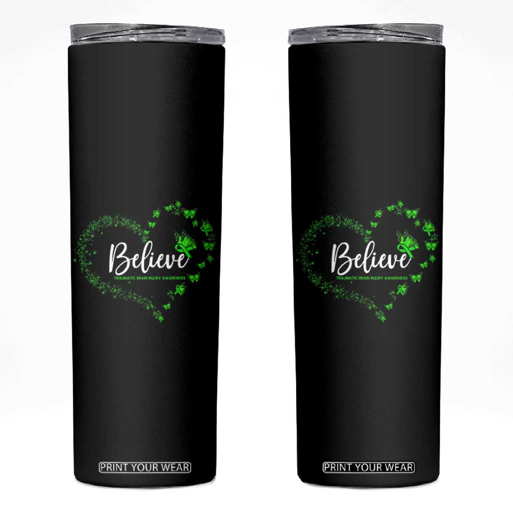 Traumatic Brain Injury Awareness Skinny Tumbler TBI Believe Butterflies TS02 Black Print Your Wear