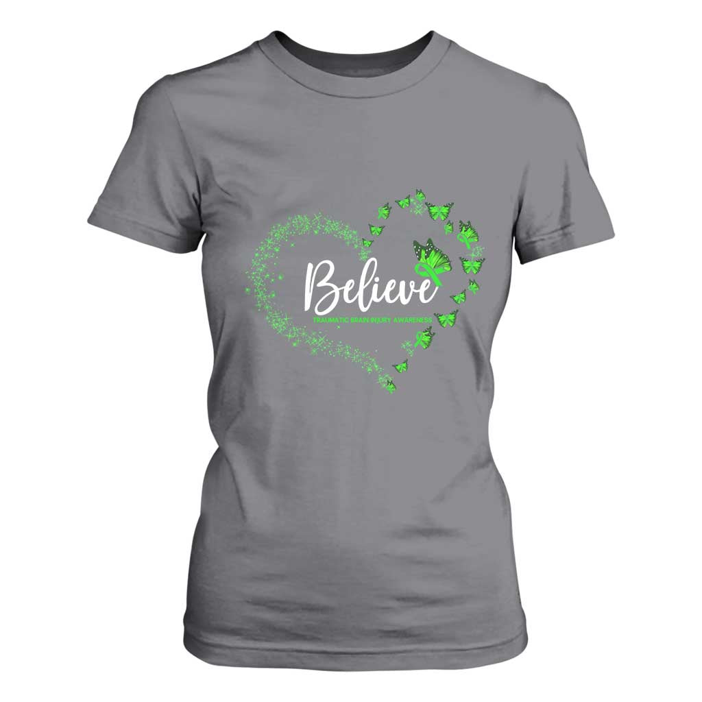 Traumatic Brain Injury Awareness T Shirt For Women TBI Believe Butterflies TS02 Charcoal Print Your Wear