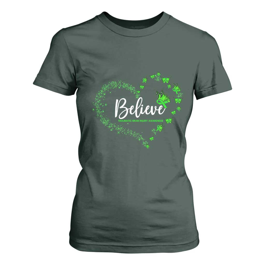 Traumatic Brain Injury Awareness T Shirt For Women TBI Believe Butterflies TS02 Dark Forest Green Print Your Wear