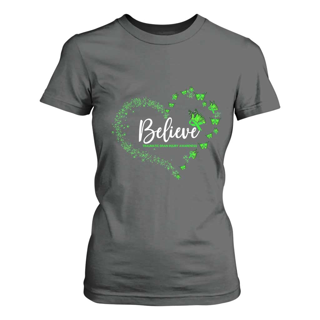 Traumatic Brain Injury Awareness T Shirt For Women TBI Believe Butterflies TS02 Dark Heather Print Your Wear
