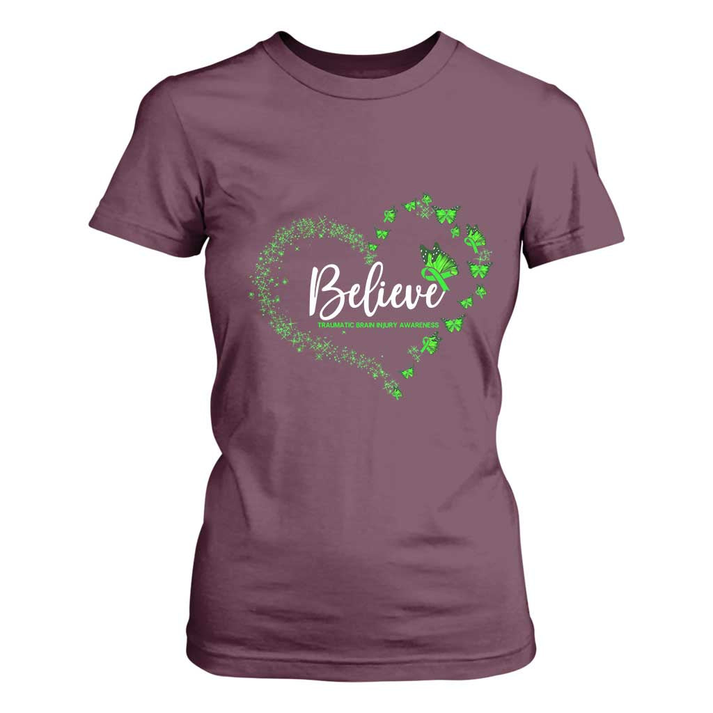Traumatic Brain Injury Awareness T Shirt For Women TBI Believe Butterflies TS02 Maroon Print Your Wear
