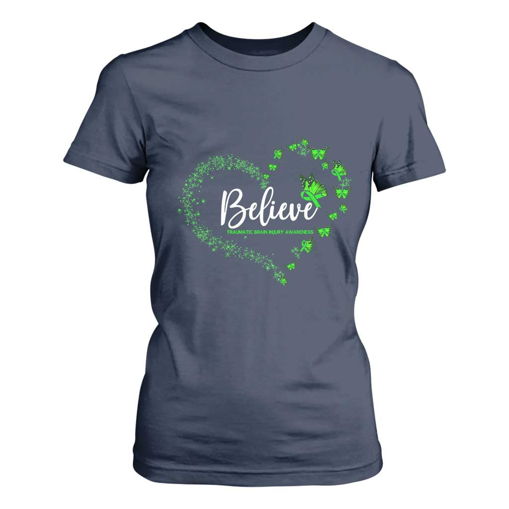 Traumatic Brain Injury Awareness T Shirt For Women TBI Believe Butterflies TS02 Navy Print Your Wear