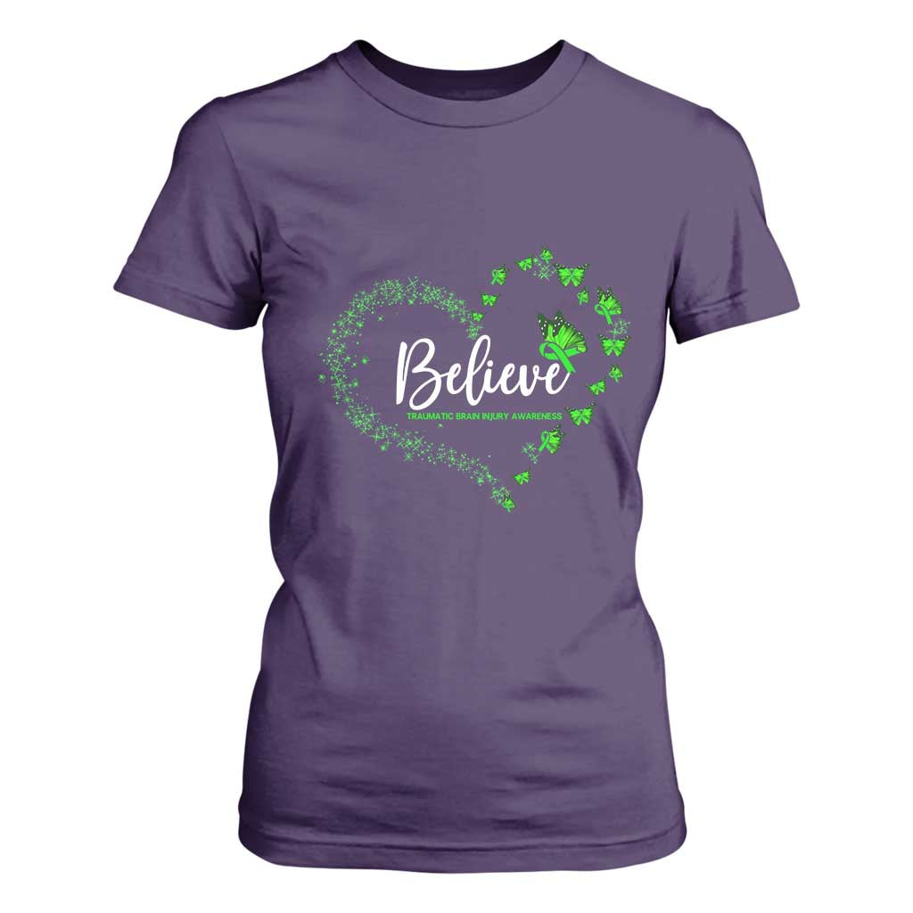 Traumatic Brain Injury Awareness T Shirt For Women TBI Believe Butterflies TS02 Purple Print Your Wear