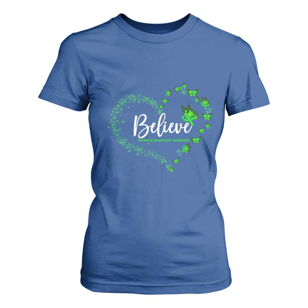 Traumatic Brain Injury Awareness T Shirt For Women TBI Believe Butterflies TS02 Royal Blue Print Your Wear