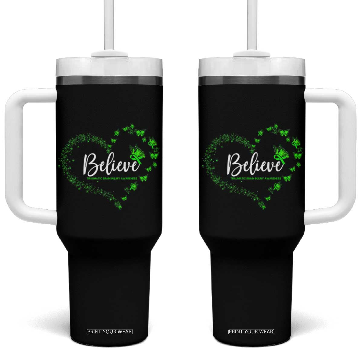 Traumatic Brain Injury Awareness Tumbler With Handle TBI Believe Butterflies TS02 One Size: 40 oz Black Print Your Wear