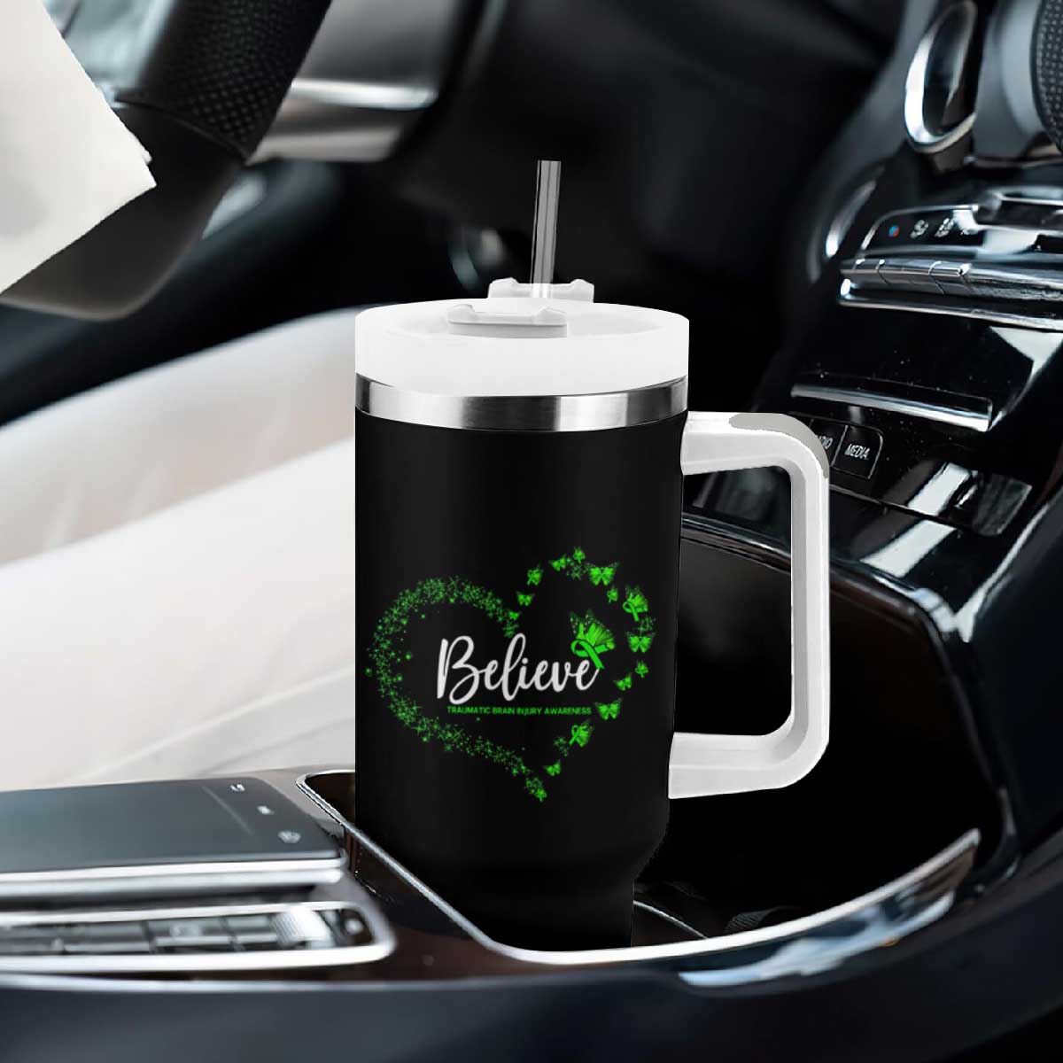 Traumatic Brain Injury Awareness Tumbler With Handle TBI Believe Butterflies TS02 Print Your Wear