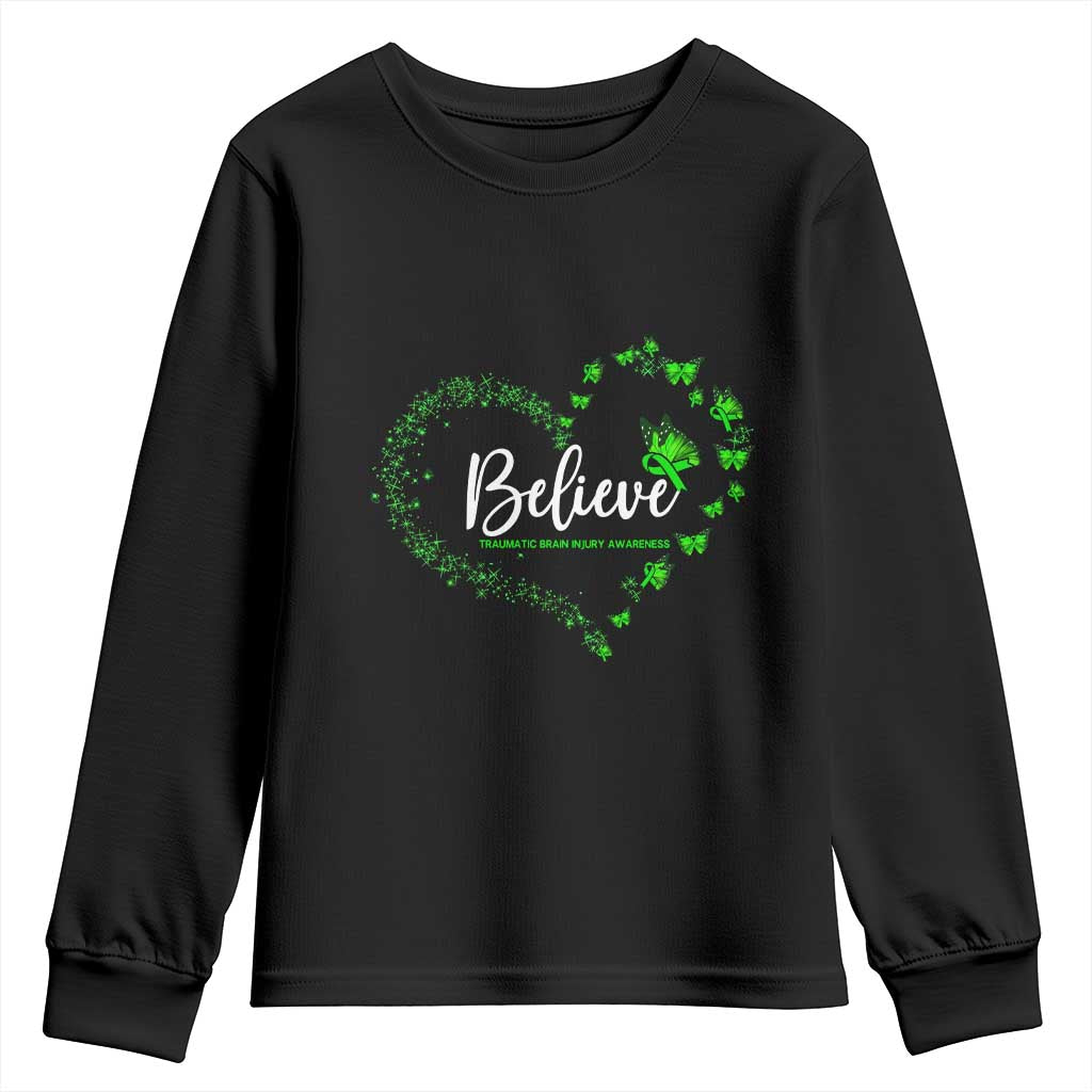 Traumatic Brain Injury Awareness Youth Sweatshirt TBI Believe Butterflies TS02 Black Print Your Wear