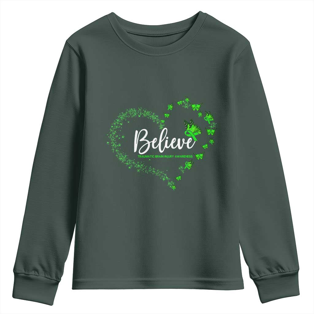 Traumatic Brain Injury Awareness Youth Sweatshirt TBI Believe Butterflies TS02 Dark Forest Green Print Your Wear
