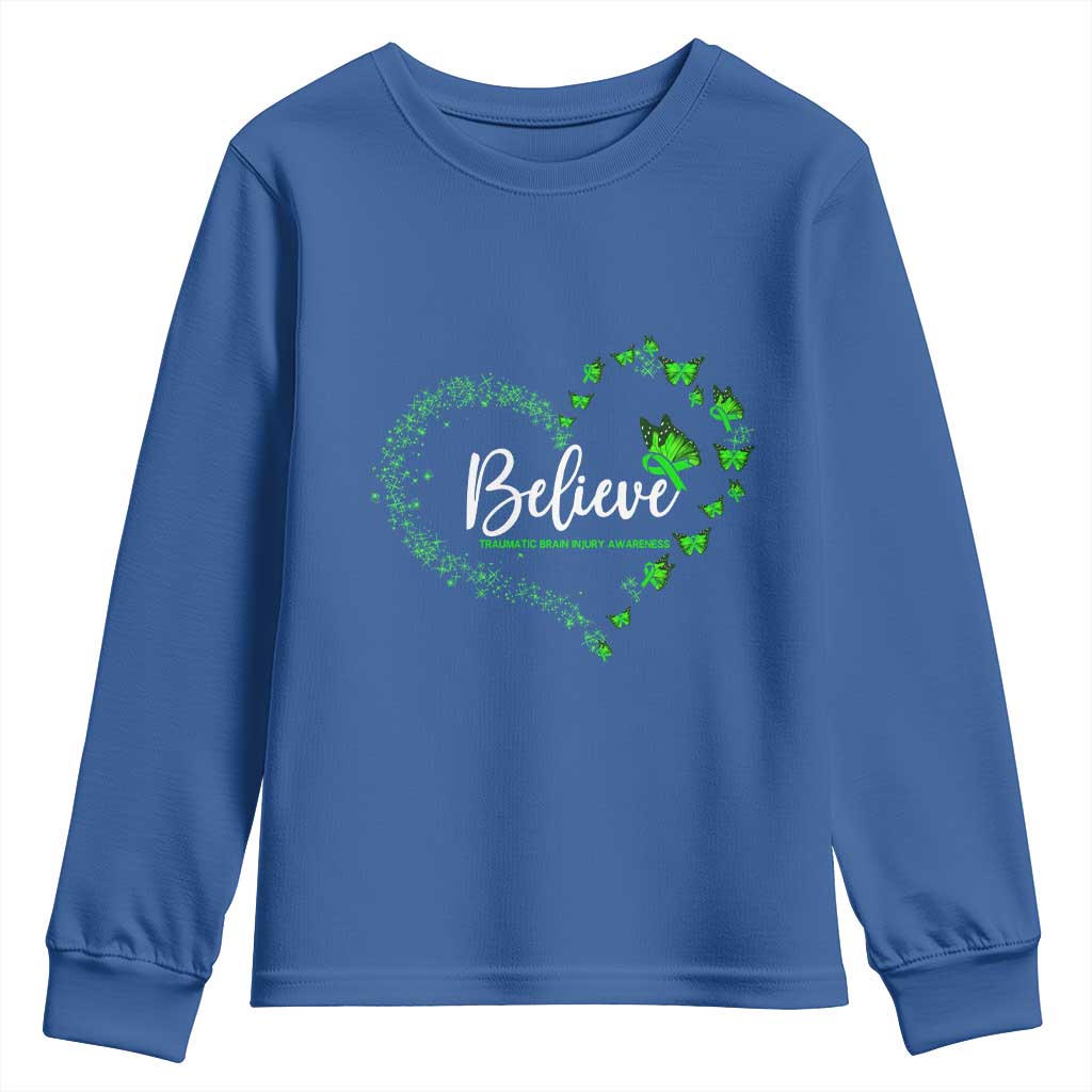 Traumatic Brain Injury Awareness Youth Sweatshirt TBI Believe Butterflies TS02 Royal Blue Print Your Wear