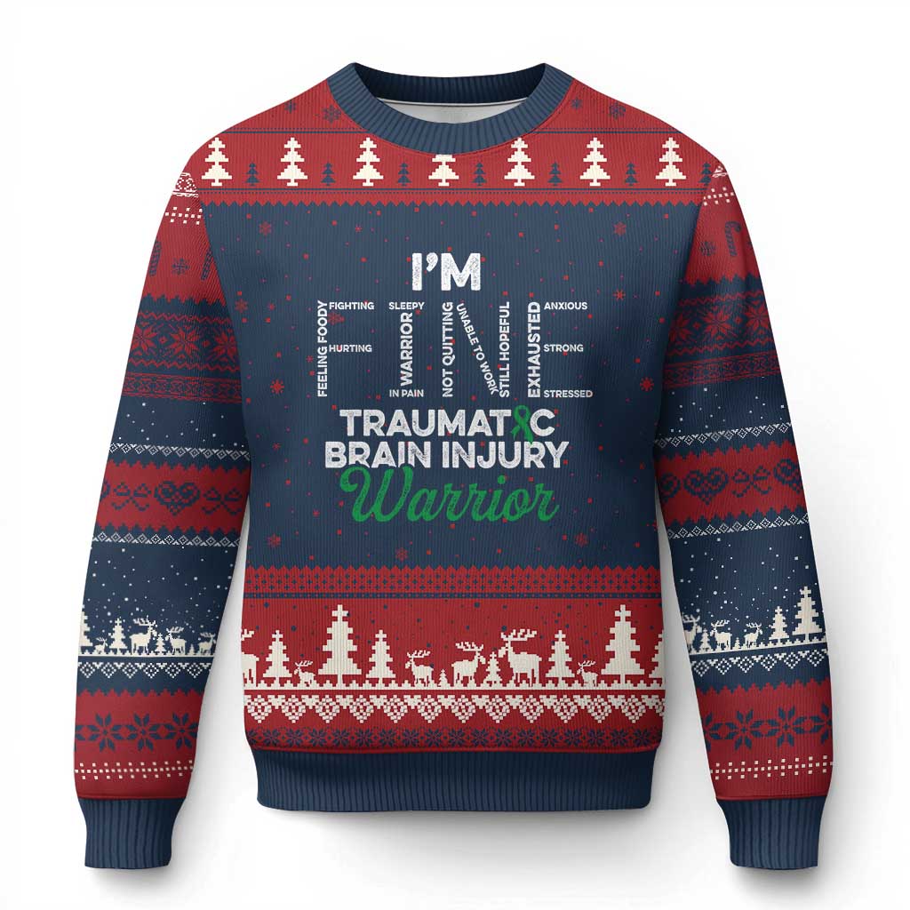 Traumatic Brain Injury Awareness Ugly Christmas Sweater TBI Warrior I'm Fine TS02 Navy Red Print Your Wear