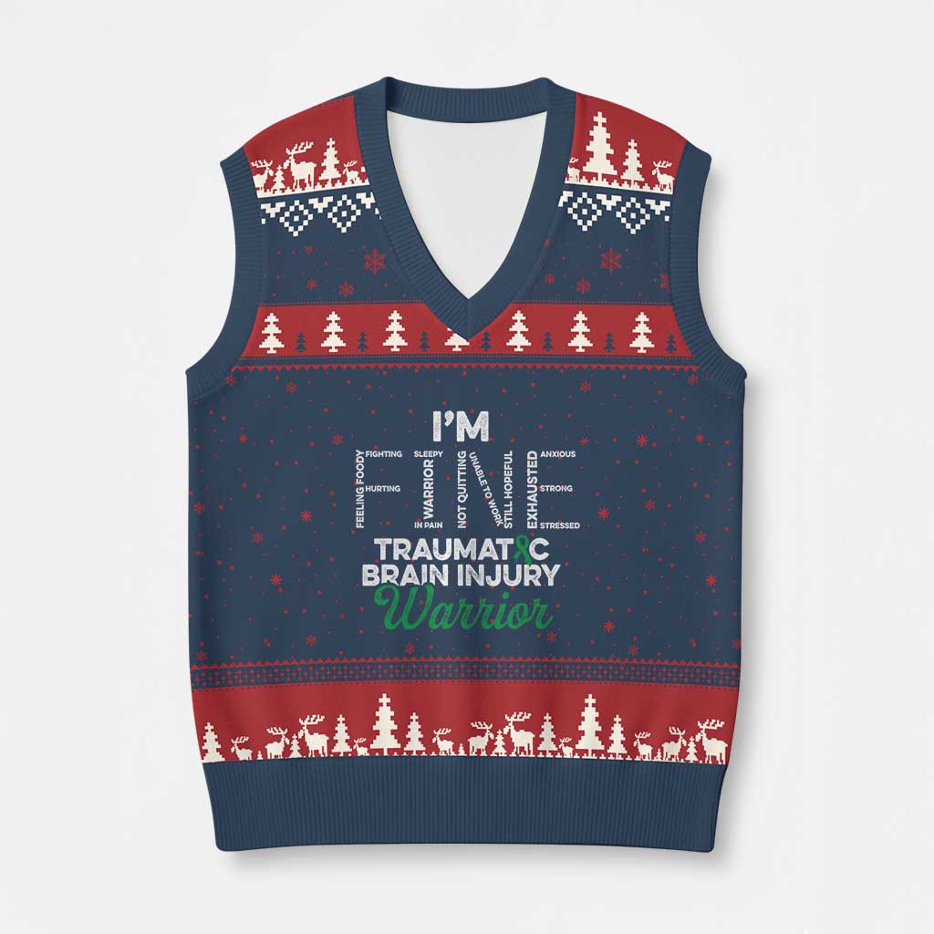 Traumatic Brain Injury Awareness V-Neck Knit Sweater Vest TBI Warrior I'm Fine TS02 Navy Red Print Your Wear
