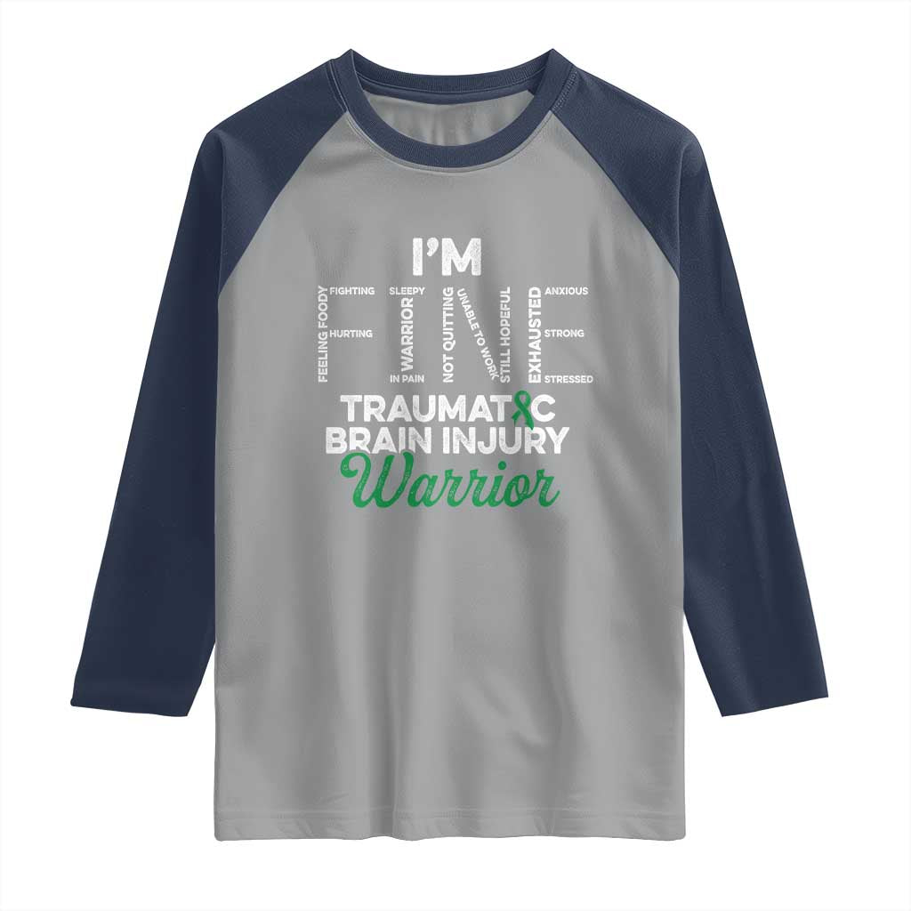 Traumatic Brain Injury Awareness Raglan Shirt TBI Warrior I'm Fine TS02 Sport Gray Navy Print Your Wear