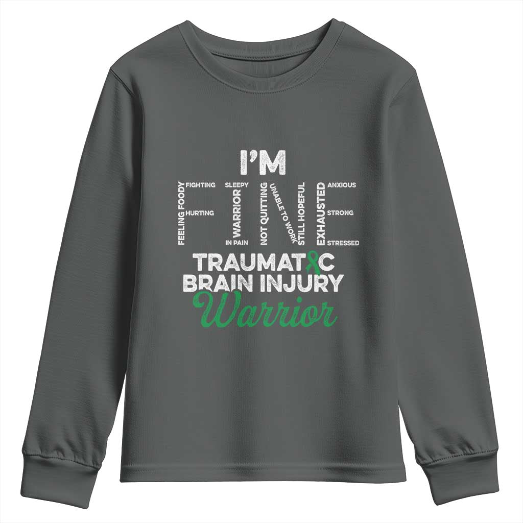 Traumatic Brain Injury Awareness Youth Sweatshirt TBI Warrior I'm Fine TS02 Dark Heather Print Your Wear