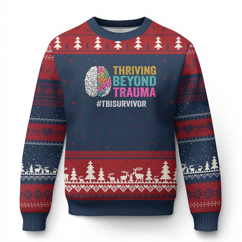 Traumatic Brain Injury Awareness Ugly Christmas Sweater Thriving Beyond Trauma TBI Survivor TS02 Navy Red Print Your Wear