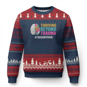 Traumatic Brain Injury Awareness Ugly Christmas Sweater Thriving Beyond Trauma TBI Survivor TS02 Navy Red Print Your Wear