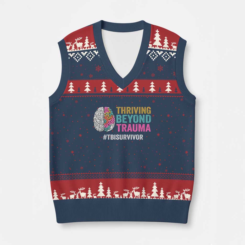 Traumatic Brain Injury Awareness V-Neck Knit Sweater Vest Thriving Beyond Trauma TBI Survivor TS02 Navy Red Print Your Wear