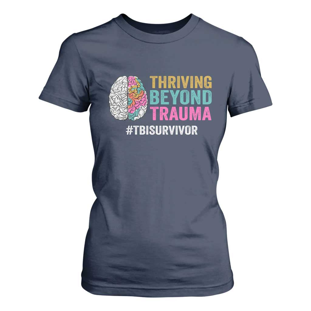 Traumatic Brain Injury Awareness T Shirt For Women Thriving Beyond Trauma TBI Survivor TS02 Navy Print Your Wear
