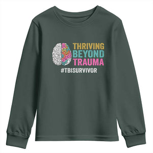 Traumatic Brain Injury Awareness Youth Sweatshirt Thriving Beyond Trauma TBI Survivor TS02 Dark Forest Green Print Your Wear