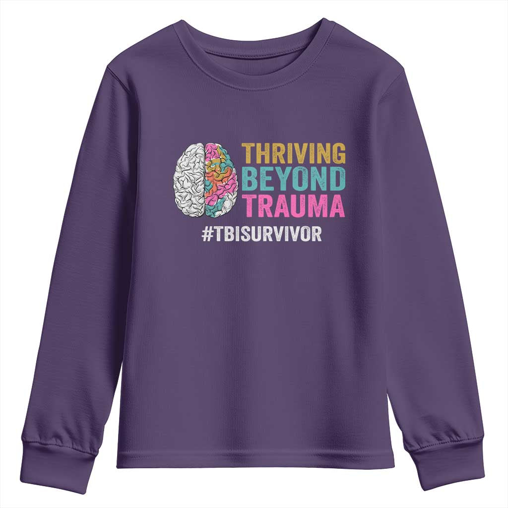 Traumatic Brain Injury Awareness Youth Sweatshirt Thriving Beyond Trauma TBI Survivor TS02 Purple Print Your Wear