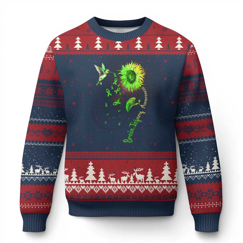 Traumatic Brain Injury Awareness Ugly Christmas Sweater Sunflower Hummingbird TS02 Navy Red Print Your Wear