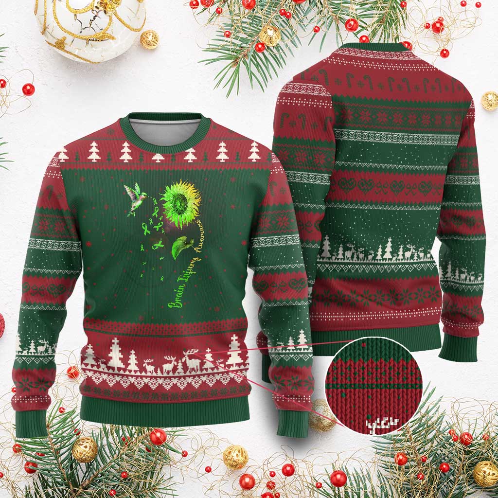 Traumatic Brain Injury Awareness Ugly Christmas Sweater Sunflower Hummingbird TS02 Red Green Print Your Wear