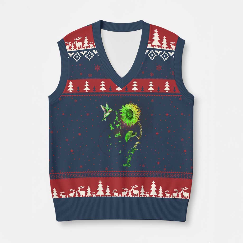 Traumatic Brain Injury Awareness V-Neck Knit Sweater Vest Sunflower Hummingbird TS02 Navy Red Print Your Wear